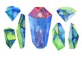 Watercolor crystal, mineral, gem set. Watercolour illustration