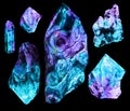 Watercolor crystals minerals stones marble set isolated on black background. Vivid poster. Bright objects Illustration