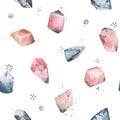 Watercolor Crystals seamless pattern, Natural Minerals, multicolored stones ornament print. Hand drawn stock illustration isolated