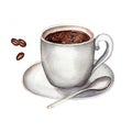 Watercolor cup of  black coffee, spoon and coffee beans isolated on white background. Hand drawn Royalty Free Stock Photo