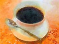 Watercolor cup of black coffee in tea cup with spoon