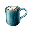 Watercolor cup of cacao with marshmallow. Hand painted mug with hot drink isolated on white background. Seasonal