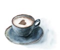 Watercolor cup of cappuccino with cinnamon heart decor. Food illustration with blue cup of coffee on white background