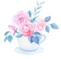 Watercolor Cup with pink roses and leaves on a white background.Cute watercolour illustration
