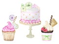 Watercolor cupcake and Birthday and wedding watercolor cake, hand drawn delicious food illustration, cake isolated on