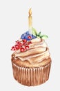 Watercolor cupcake with cream and burning candle. Hand drawn illustration of muffin with berries for holiday birthday Royalty Free Stock Photo