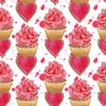 Watercolor cupcake and heart cookie seamless pattern Royalty Free Stock Photo