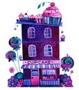 Watercolor cupcake house with sweets instead of bushes.