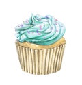 Watercolor cupcake with mint green cream motley topping