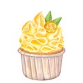 Watercolor cupcake with orange whipped cream. Decorated with kumquat, tangerine, leaves. Food clipart. Hand drawn