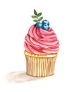 Watercolor cupcake with pinck cream