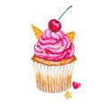 Watercolor cupcake. Watercolor cherry cupcake.