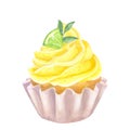 Watercolor cupcake with yellow whipped cream. Decorated with lime, green leaves. Food clipart. Hand drawn illustration