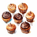 Watercolor Cupcakes With Chocolate Drizzle - Realistic Illustration