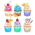 Watercolor cupcakes collection. Watercolor cupcakes set