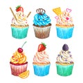 Watercolor cupcakes collection. Watercolor cupcakes set