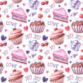 Watercolor cupcakes love. Seamless pattern with pink heart,cake,sweet candy,cherry
