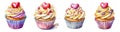 Watercolor Cupcakes Set With Red Berries Cream And Hearts On White Background