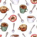 Watercolor cups with hot refreshing coffee and retro teaspoons