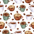 Watercolor cups with hot refreshing coffee and roasted coffee beans