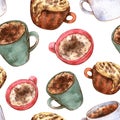 Watercolor cups with hot refreshing coffee