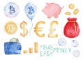 Watercolor currency set: bitcoin, dollar, euro, pound. Money concept. Illustration for design, print or background