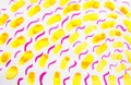 Watercolor curved short brush strokes made by hand, wave and curls diagonally yellow red summer background on white background. Royalty Free Stock Photo