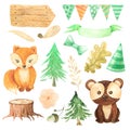 Watercolor cut fox, bear and forest plants