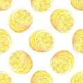 Watercolor cut lemons seamless pattern on white Royalty Free Stock Photo