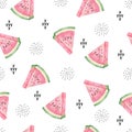 Watercolor cute abstract watermelon and doodle dots, line. Aquarelle cute background