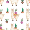 Watercolor cute alpaca seamless pattern. Cacti digital paper, cactus, florals, llama illustration. Mexican pattern, white lama