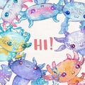 Watercolor cute axolotl characters for kid`s design Royalty Free Stock Photo