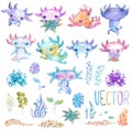 Watercolor cute axolotl characters for kid`s design