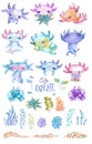 Watercolor cute axolotl characters for kid`s design Royalty Free Stock Photo