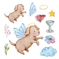 Watercolor cute baby angel dog Royalty Free Stock Photo