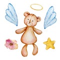 Watercolor cute baby bear angel with wings
