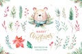 Watercolor cute baby bear cartoon animal portrait design. Winter holiday card on white background. New year decoration