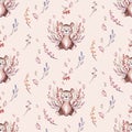 Watercolor Cute baby cartoon rabbit, mouse and bear animal seamless pattern, squirrel nursery isolated illustration for