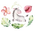 Watercolor cute baby cartoon zebra animal character isolated on white. Hand painted safari tropical little baby cat for Royalty Free Stock Photo