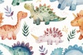 watercolor cute baby dinosaurs pattern in the style of white background Royalty Free Stock Photo
