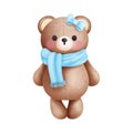 Watercolor cute baby girl teddy bear in blue scarf and bow illustration