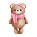 Watercolor cute baby girl teddy bear in pink scarf and bow illustration