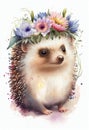 Watercolor cute baby Hedgehog portrait print. Happy animal face with flowers crown. White background. Wild life Royalty Free Stock Photo