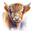 Watercolor cute baby highland cow painting. Realistic animal portrait illustration. Created with Generative AI technology