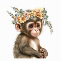 Watercolor Cute Baby Monkey Delight: Boho Floral, Isolated on White background - Generative AI