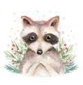 Watercolor cute baby raccoon cartoon animal portrait design. Winter holiday card on white background. New year Royalty Free Stock Photo