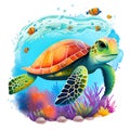 Watercolor Cute baby Sea turtle underwater isolated on white background. Royalty Free Stock Photo