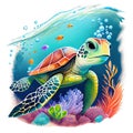 Watercolor Cute baby Sea turtle underwater isolated on white background. Royalty Free Stock Photo