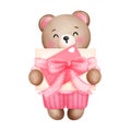 Watercolor cute baby teddy bear with gift and love letter clipart.Valentine animal clipart