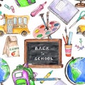 Watercolor cute back to school vintage style seamless pattern Royalty Free Stock Photo